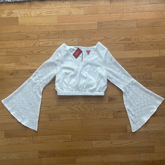 Guess Bell Sleeve Crop Top Pure White w/ Gold Threading Cropped - Picture 1 of 10